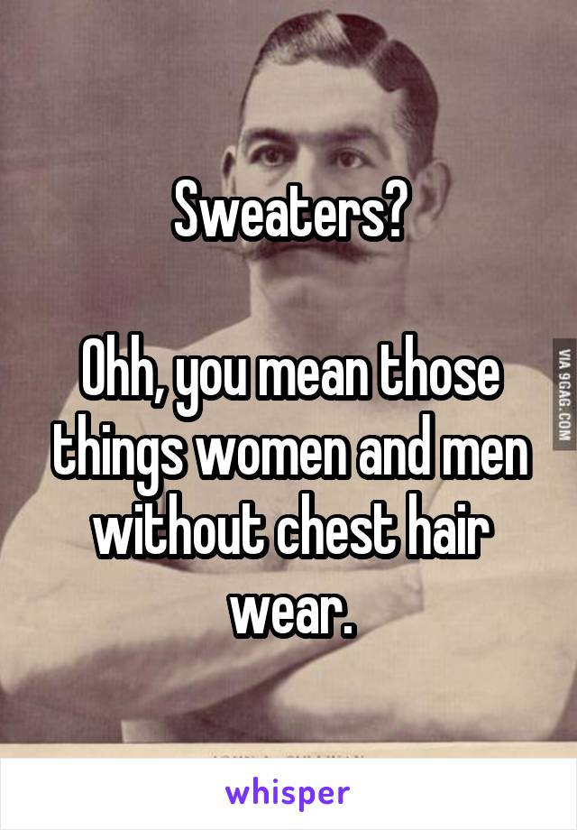 Sweaters?

Ohh, you mean those things women and men without chest hair wear.