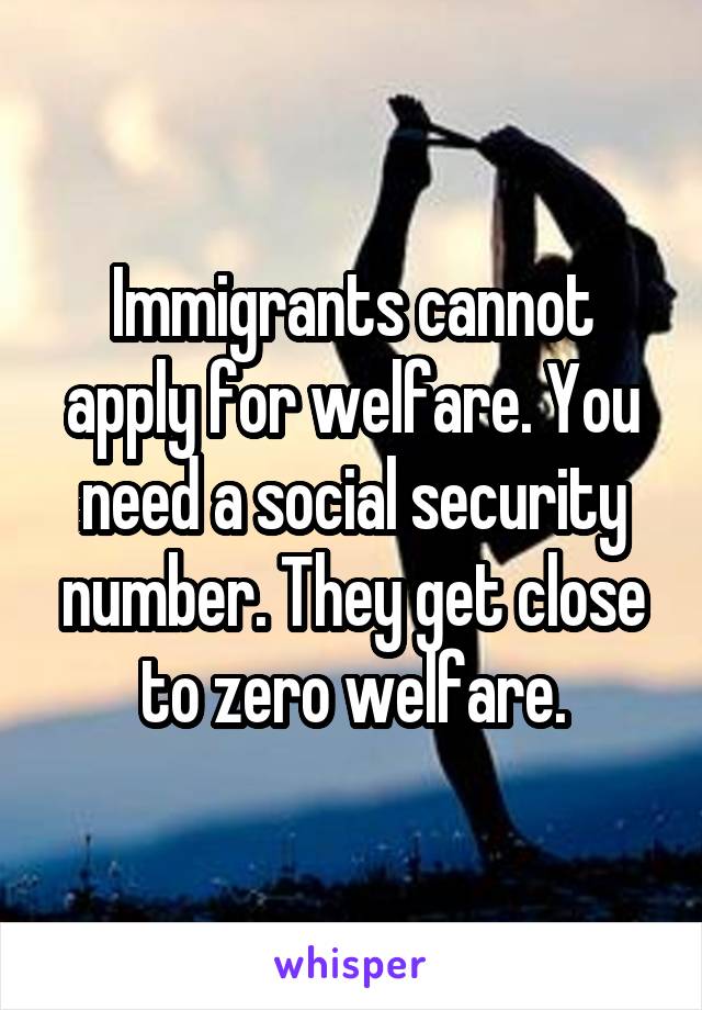 Immigrants cannot apply for welfare. You need a social security number. They get close to zero welfare.