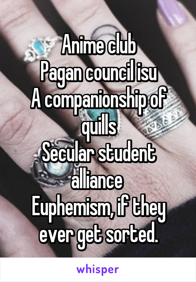 Anime club
Pagan council isu
A companionship of quills
Secular student alliance 
Euphemism, if they ever get sorted.