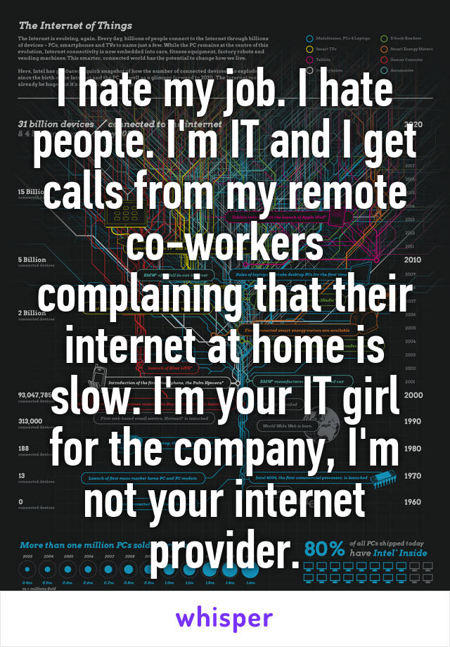 I hate my job. I hate people. I'm IT and I get calls from my remote co-workers complaining that their internet at home is slow. I'm your IT girl for the company, I'm not your internet provider.