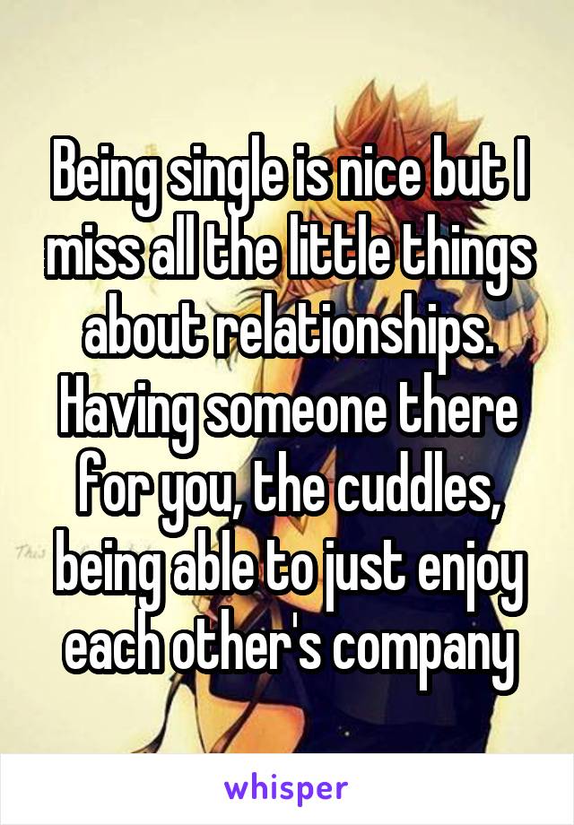 Being single is nice but I miss all the little things about relationships. Having someone there for you, the cuddles, being able to just enjoy each other's company