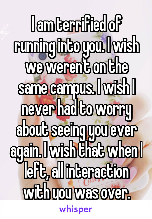 I am terrified of running into you. I wish we weren't on the same campus. I wish I never had to worry about seeing you ever again. I wish that when I left, all interaction with you was over.