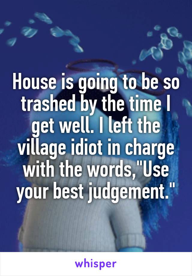 House is going to be so trashed by the time I get well. I left the village idiot in charge with the words,"Use your best judgement."
