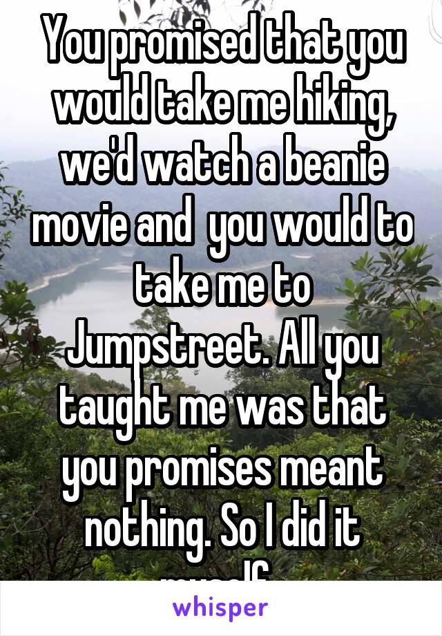 You promised that you would take me hiking, we'd watch a beanie movie and  you would to take me to Jumpstreet. All you taught me was that you promises meant nothing. So I did it myself. 