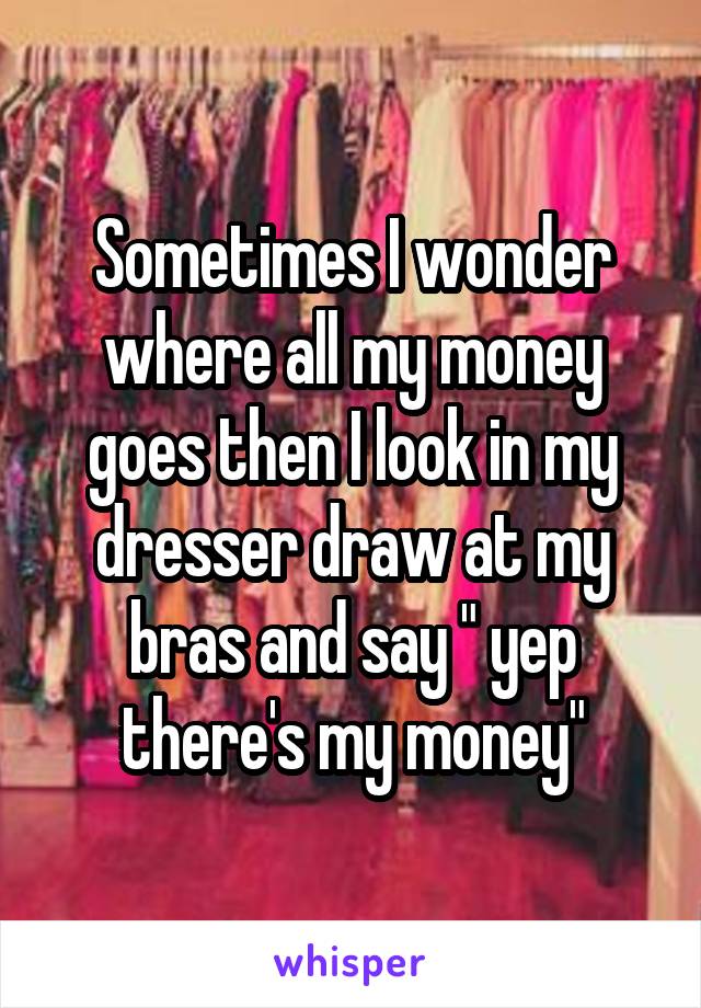Sometimes I wonder where all my money goes then I look in my dresser draw at my bras and say " yep there's my money"