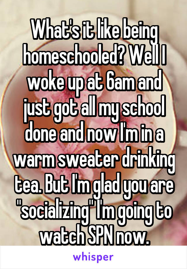 What's it like being homeschooled? Well I woke up at 6am and just got all my school done and now I'm in a warm sweater drinking tea. But I'm glad you are "socializing" I'm going to watch SPN now.