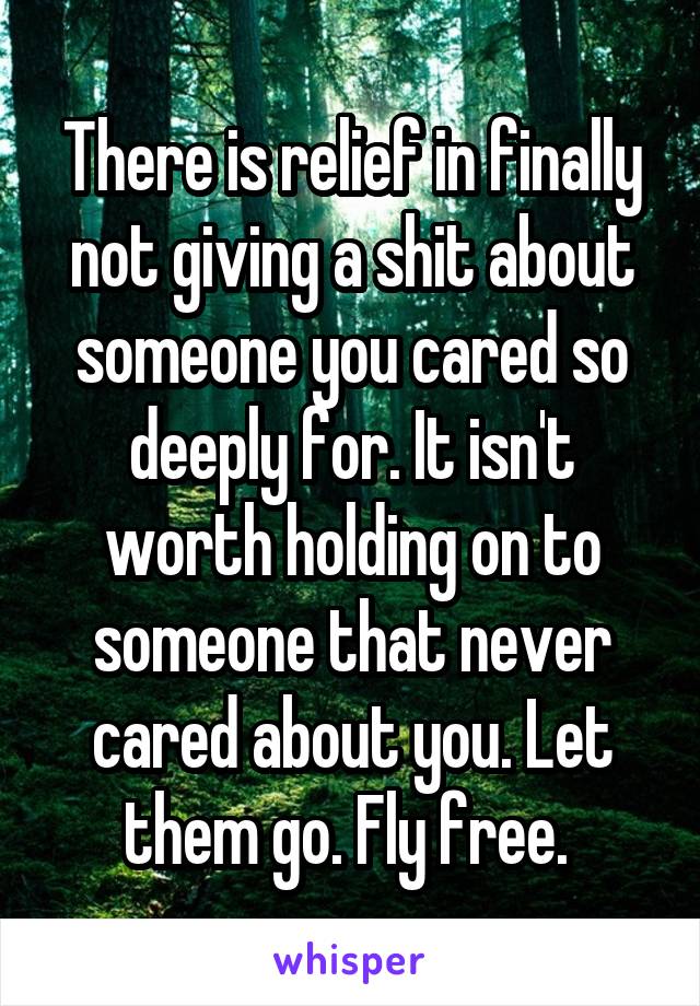 There is relief in finally not giving a shit about someone you cared so deeply for. It isn't worth holding on to someone that never cared about you. Let them go. Fly free. 
