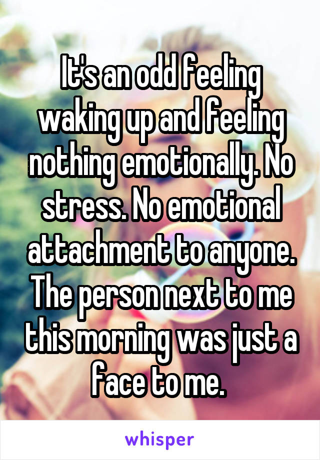 It's an odd feeling waking up and feeling nothing emotionally. No stress. No emotional attachment to anyone. The person next to me this morning was just a face to me. 