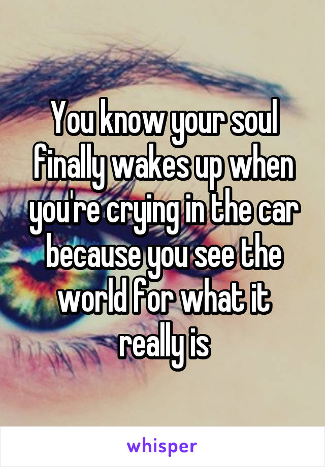 You know your soul finally wakes up when you're crying in the car because you see the world for what it really is