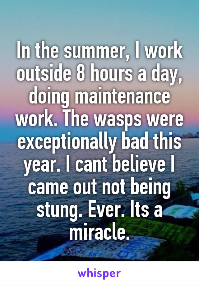 In the summer, I work outside 8 hours a day, doing maintenance work. The wasps were exceptionally bad this year. I cant believe I came out not being stung. Ever. Its a miracle.