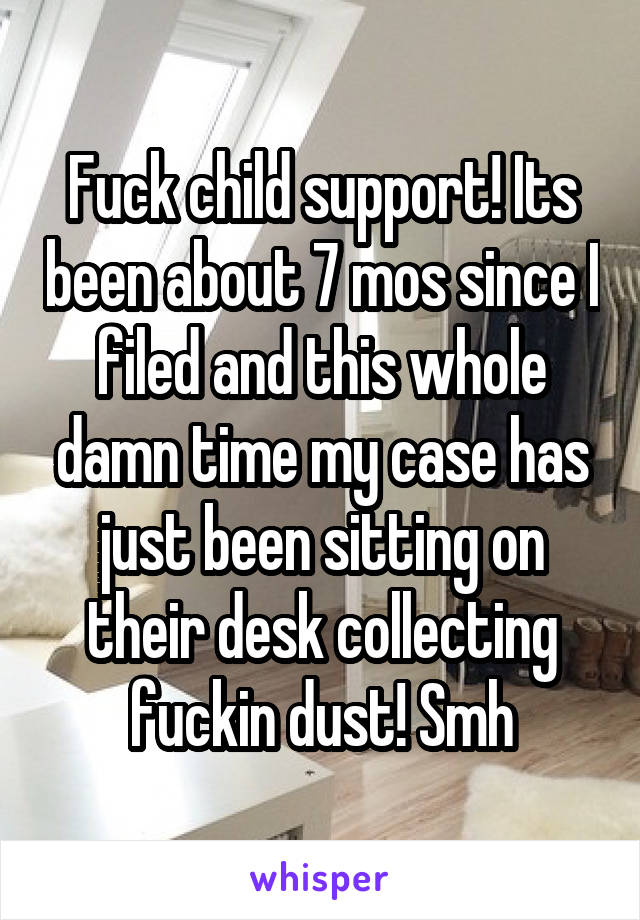 Fuck child support! Its been about 7 mos since I filed and this whole damn time my case has just been sitting on their desk collecting fuckin dust! Smh