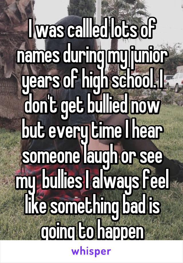 I was callled lots of names during my junior years of high school. I don't get bullied now but every time I hear someone laugh or see my  bullies I always feel like something bad is going to happen