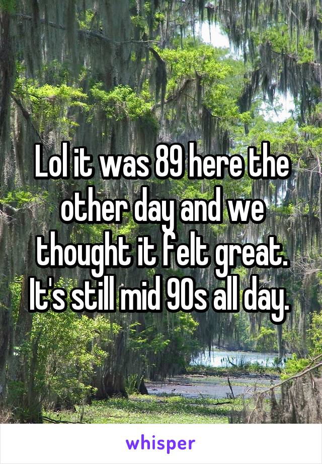 Lol it was 89 here the other day and we thought it felt great. It's still mid 90s all day. 