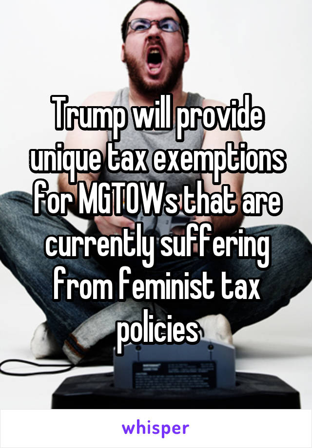 Trump will provide unique tax exemptions for MGTOWs that are currently suffering from feminist tax policies