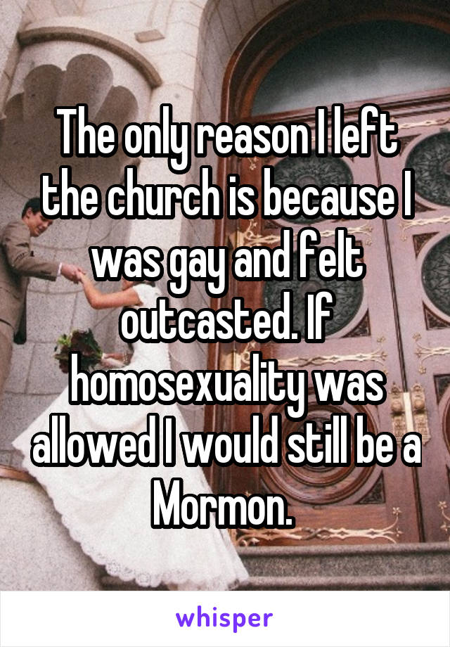 The only reason I left the church is because I was gay and felt outcasted. If homosexuality was allowed I would still be a Mormon. 