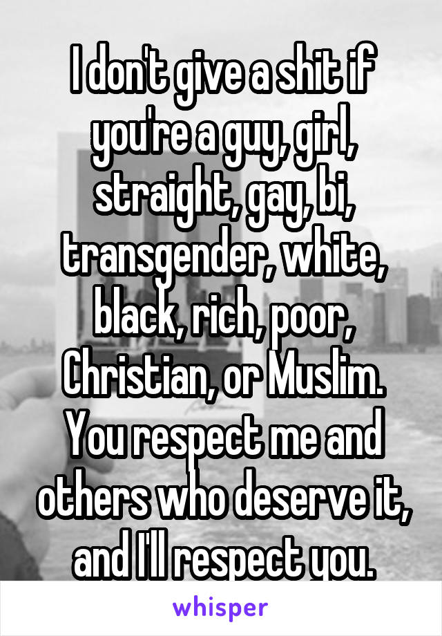 I don't give a shit if you're a guy, girl, straight, gay, bi, transgender, white, black, rich, poor, Christian, or Muslim. You respect me and others who deserve it, and I'll respect you.