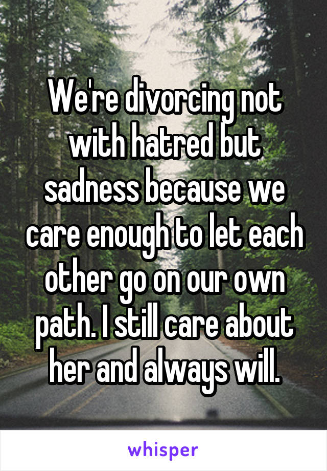 We're divorcing not with hatred but sadness because we care enough to let each other go on our own path. I still care about her and always will.