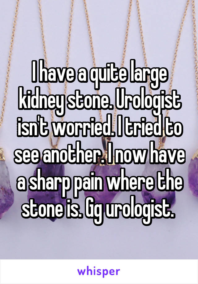 I have a quite large kidney stone. Urologist isn't worried. I tried to see another. I now have a sharp pain where the stone is. Gg urologist. 