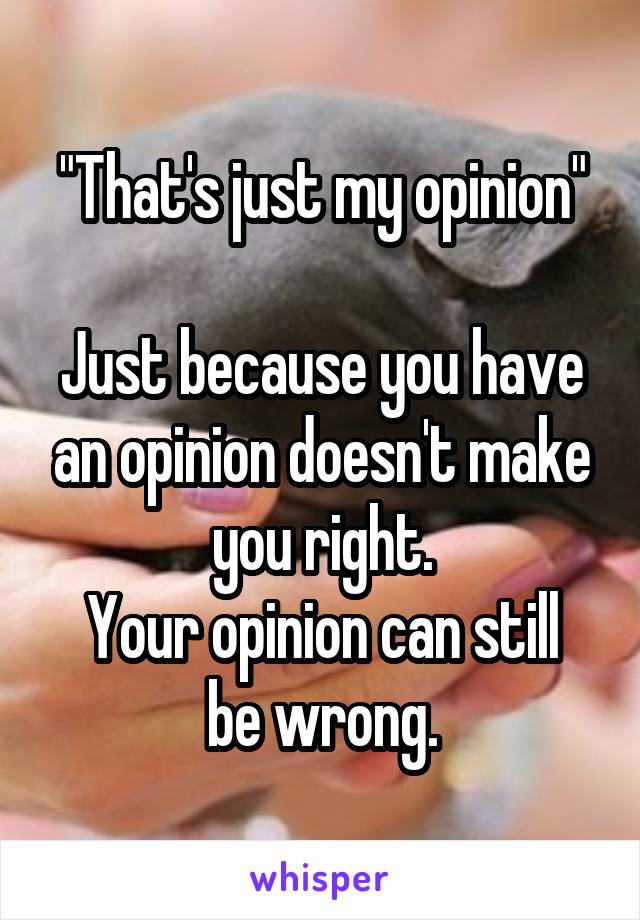 "That's just my opinion"

Just because you have an opinion doesn't make you right.
Your opinion can still be wrong.