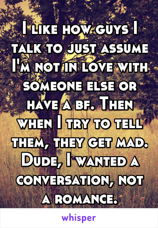 I like how guys I talk to just assume I'm not in love with someone else or have a bf. Then when I try to tell them, they get mad. Dude, I wanted a conversation, not a romance.