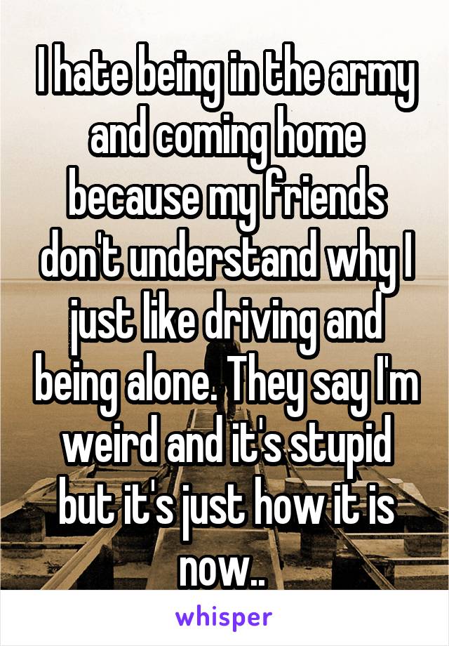 I hate being in the army and coming home because my friends don't understand why I just like driving and being alone. They say I'm weird and it's stupid but it's just how it is now.. 