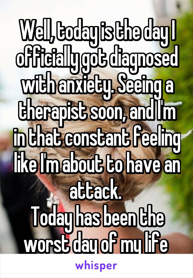 Well, today is the day I officially got diagnosed with anxiety. Seeing a therapist soon, and I'm in that constant feeling like I'm about to have an attack. 
Today has been the worst day of my life 