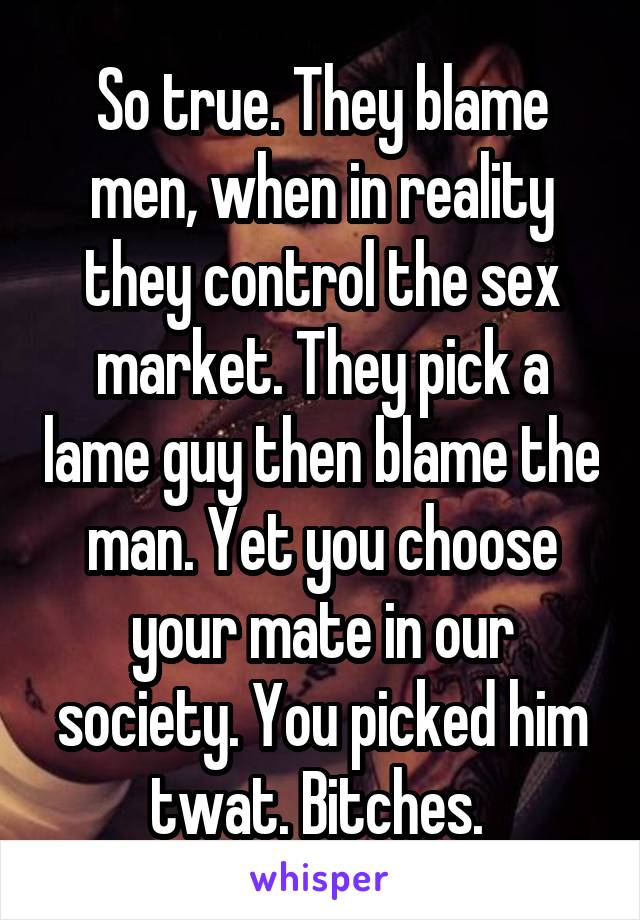 So true. They blame men, when in reality they control the sex market. They pick a lame guy then blame the man. Yet you choose your mate in our society. You picked him twat. Bitches. 
