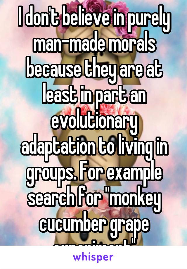 I don't believe in purely man-made morals because they are at least in part an evolutionary adaptation to living in groups. For example search for "monkey cucumber grape experiment"