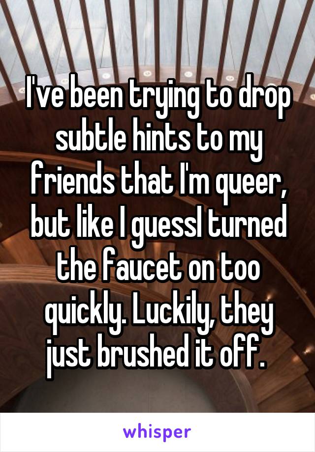 I've been trying to drop subtle hints to my friends that I'm queer, but like I guessI turned the faucet on too quickly. Luckily, they just brushed it off. 