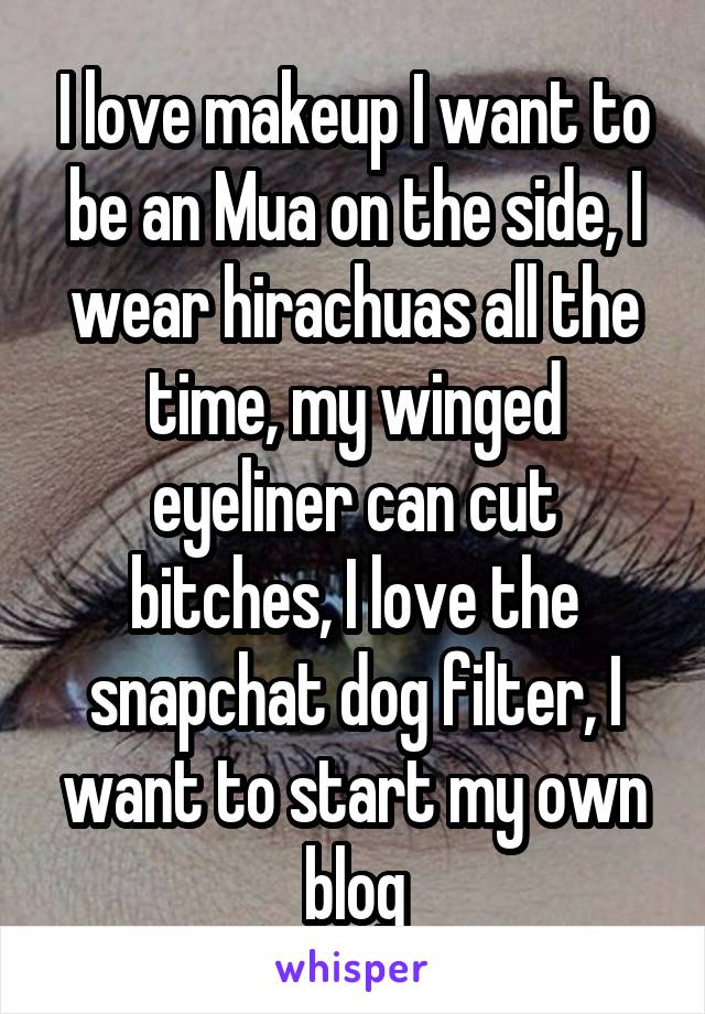 I love makeup I want to be an Mua on the side, I wear hirachuas all the time, my winged eyeliner can cut bitches, I love the snapchat dog filter, I want to start my own blog