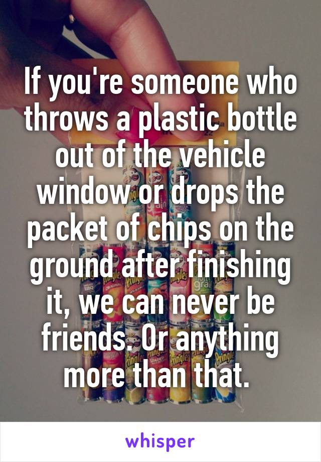 If you're someone who throws a plastic bottle out of the vehicle window or drops the packet of chips on the ground after finishing it, we can never be friends. Or anything more than that. 
