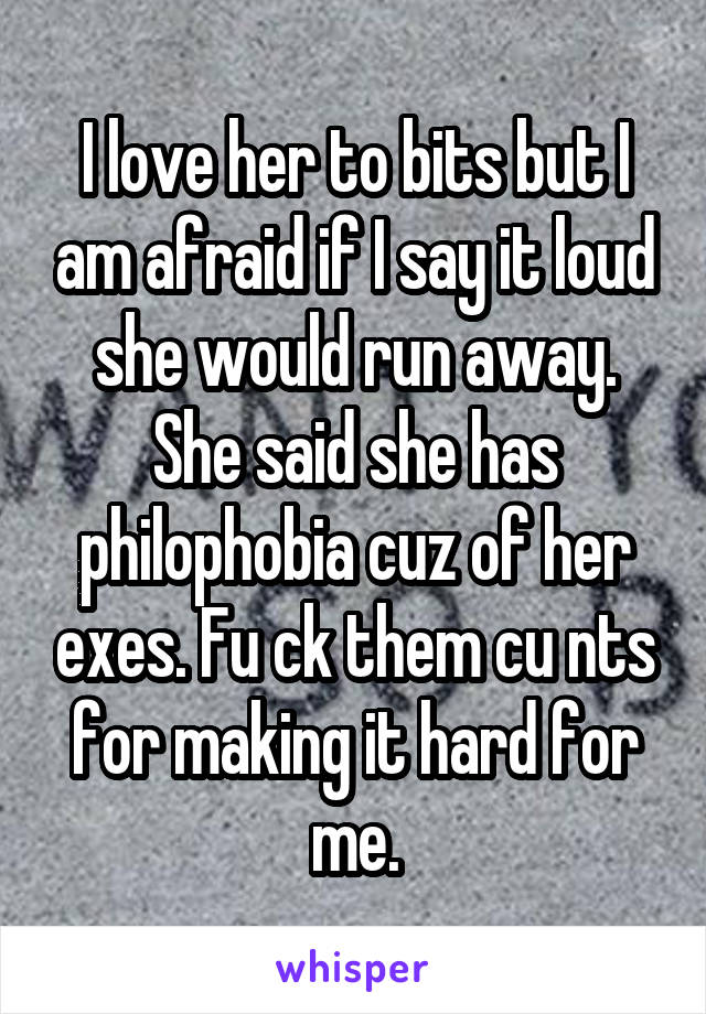 I love her to bits but I am afraid if I say it loud she would run away. She said she has philophobia cuz of her exes. Fu ck them cu nts for making it hard for me.