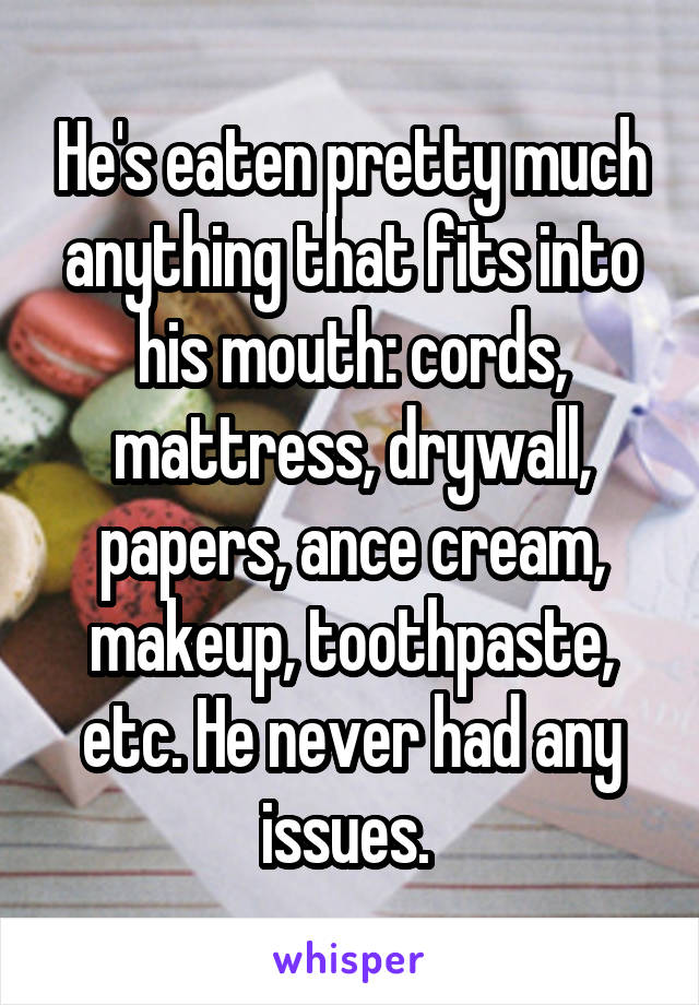 He's eaten pretty much anything that fits into his mouth: cords, mattress, drywall, papers, ance cream, makeup, toothpaste, etc. He never had any issues. 