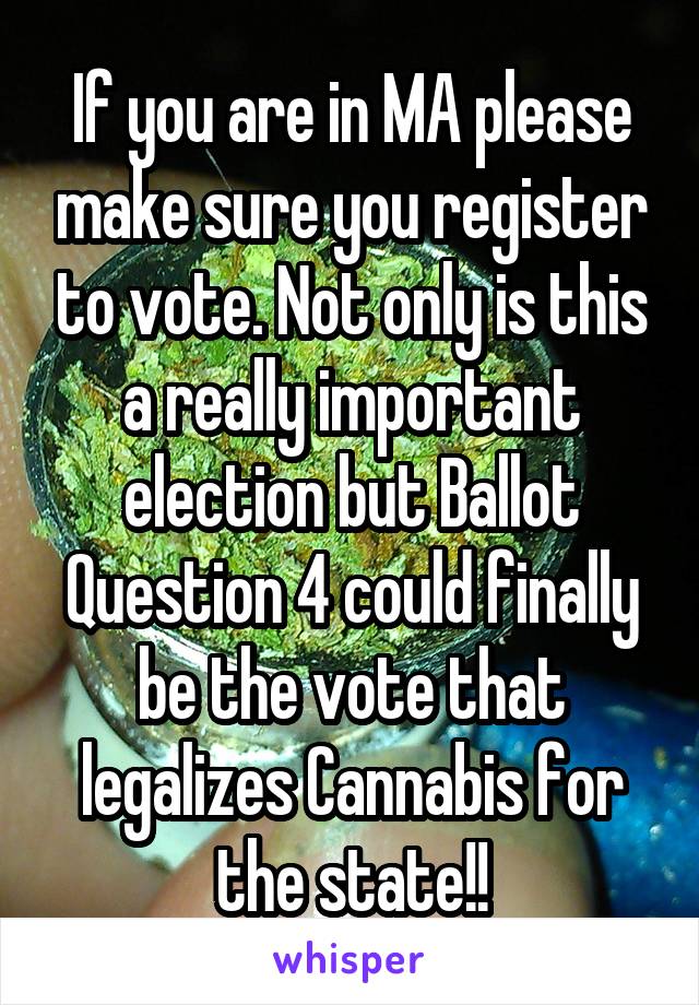 If you are in MA please make sure you register to vote. Not only is this a really important election but Ballot Question 4 could finally be the vote that legalizes Cannabis for the state!!