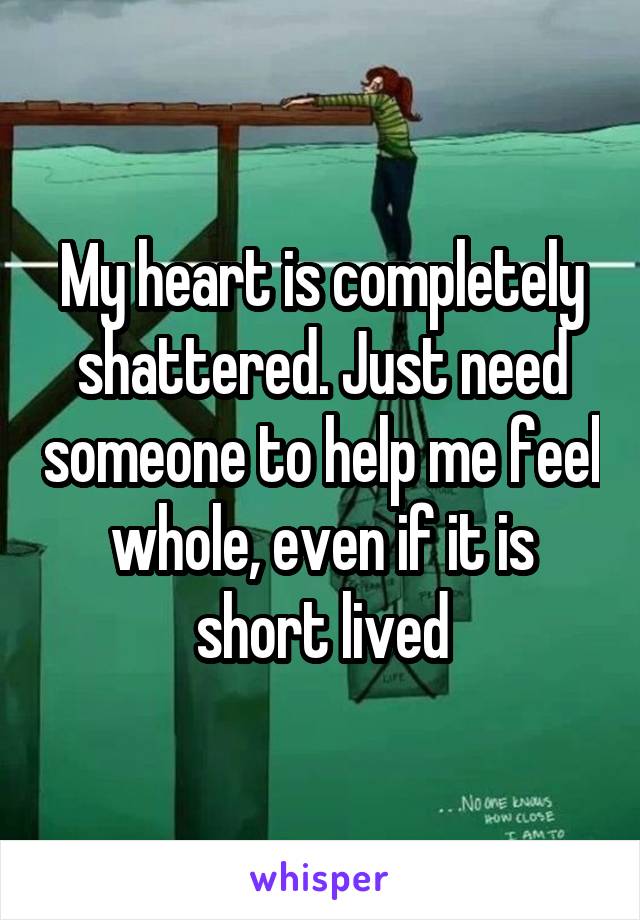 My heart is completely shattered. Just need someone to help me feel whole, even if it is short lived