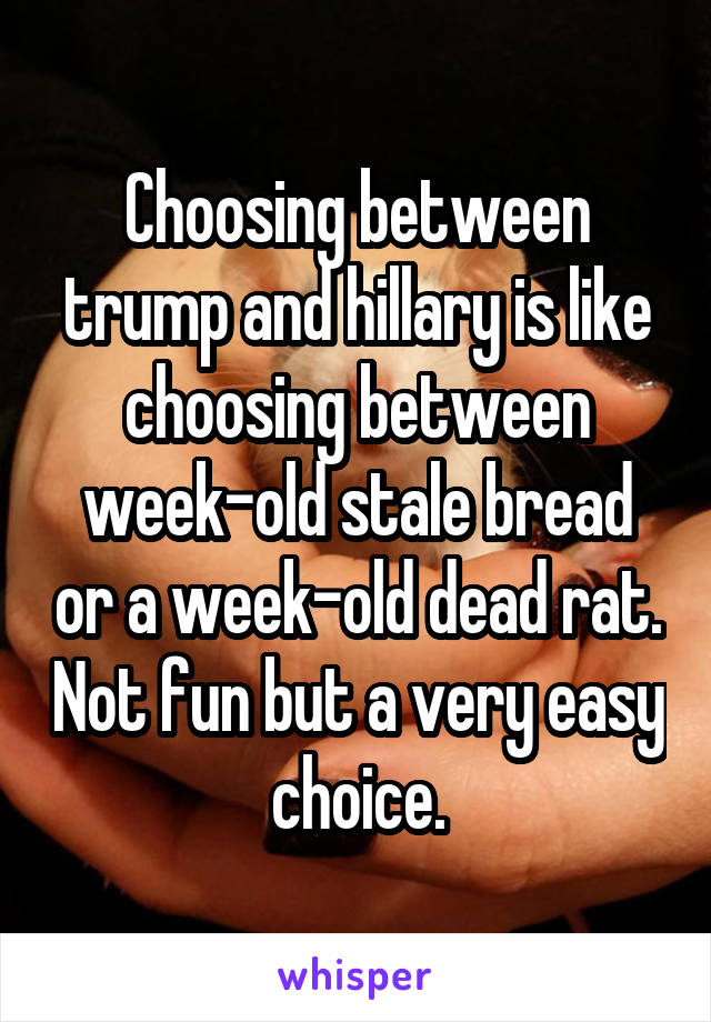Choosing between trump and hillary is like choosing between week-old stale bread or a week-old dead rat. Not fun but a very easy choice.