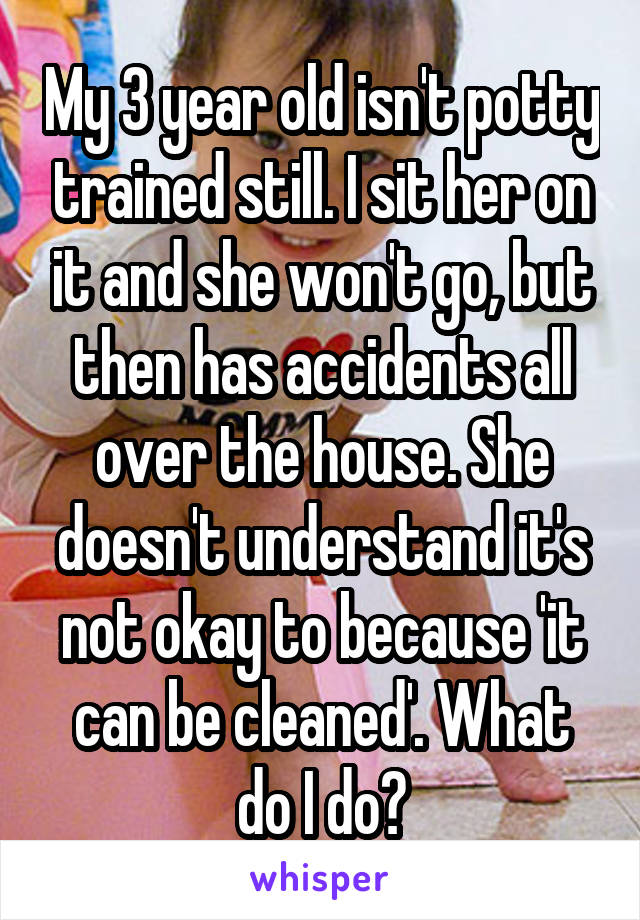 My 3 year old isn't potty trained still. I sit her on it and she won't go, but then has accidents all over the house. She doesn't understand it's not okay to because 'it can be cleaned'. What do I do?