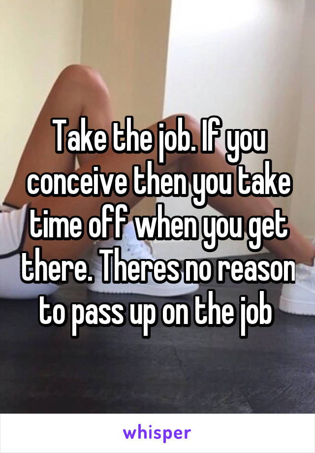 Take the job. If you conceive then you take time off when you get there. Theres no reason to pass up on the job 