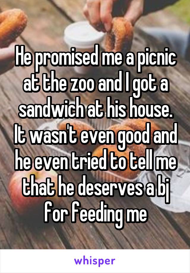 He promised me a picnic at the zoo and I got a sandwich at his house. It wasn't even good and he even tried to tell me that he deserves a bj for feeding me