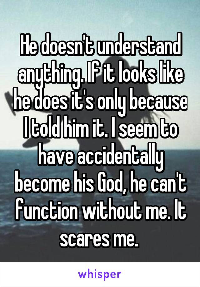 He doesn't understand anything. If it looks like he does it's only because I told him it. I seem to have accidentally become his God, he can't function without me. It scares me. 