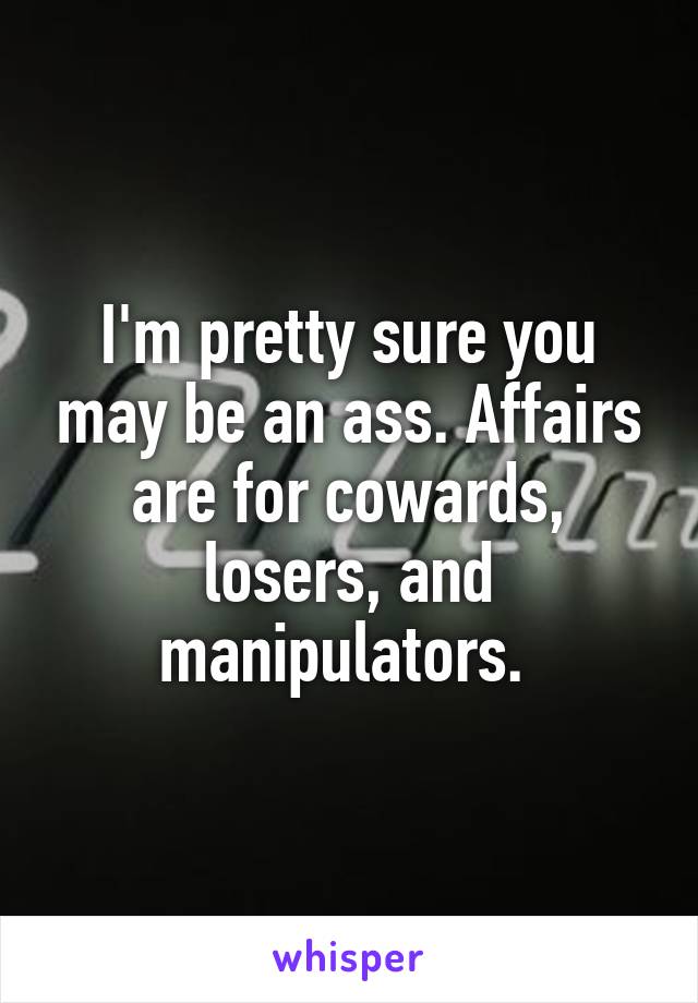 I'm pretty sure you may be an ass. Affairs are for cowards, losers, and manipulators. 