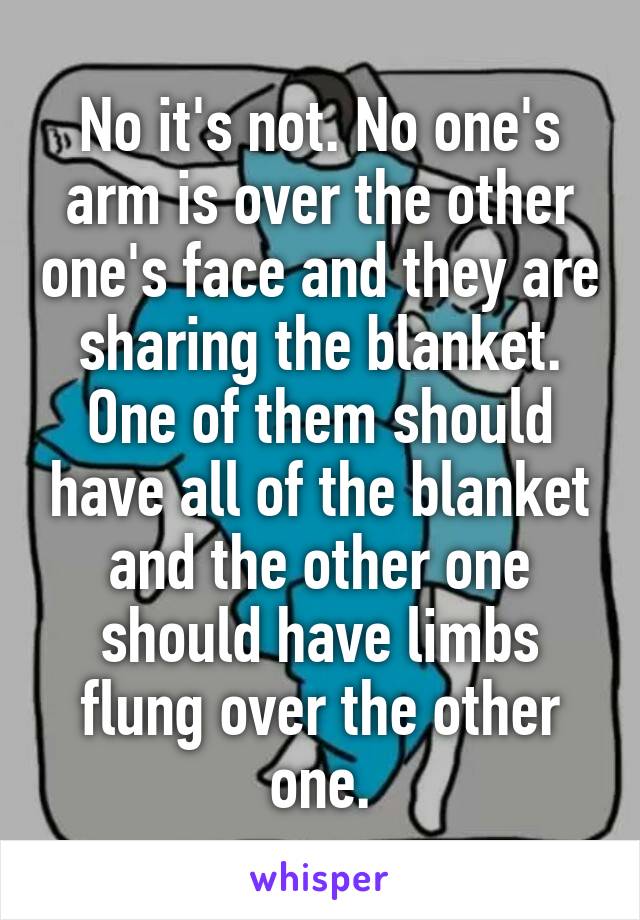 No it's not. No one's arm is over the other one's face and they are sharing the blanket. One of them should have all of the blanket and the other one should have limbs flung over the other one.