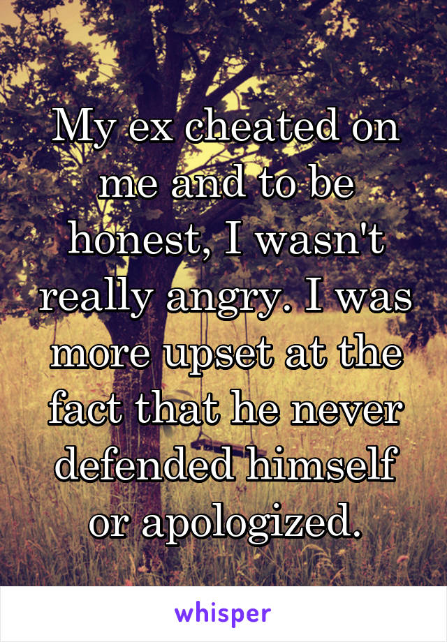 My ex cheated on me and to be honest, I wasn't really angry. I was more upset at the fact that he never defended himself or apologized.