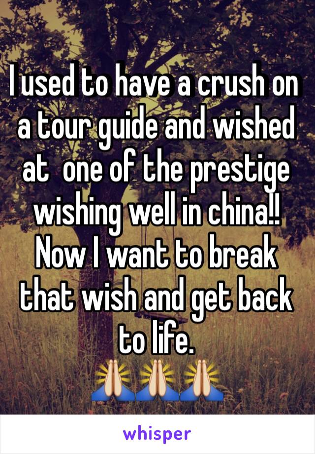 I used to have a crush on a tour guide and wished at  one of the prestige wishing well in china!! 
Now I want to break that wish and get back to life. 
🙏🙏🙏