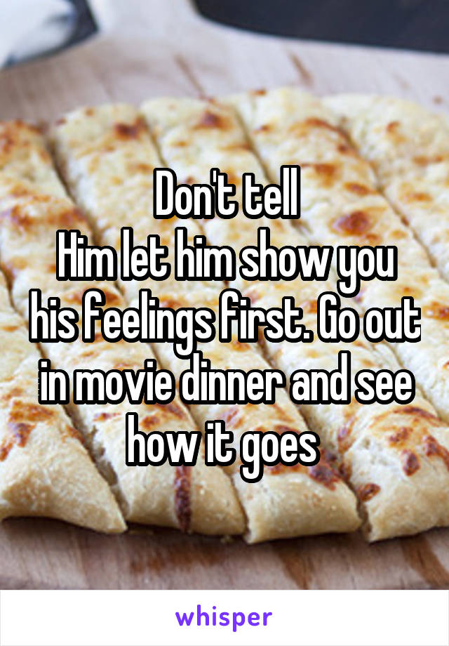 Don't tell
Him let him show you his feelings first. Go out in movie dinner and see how it goes 