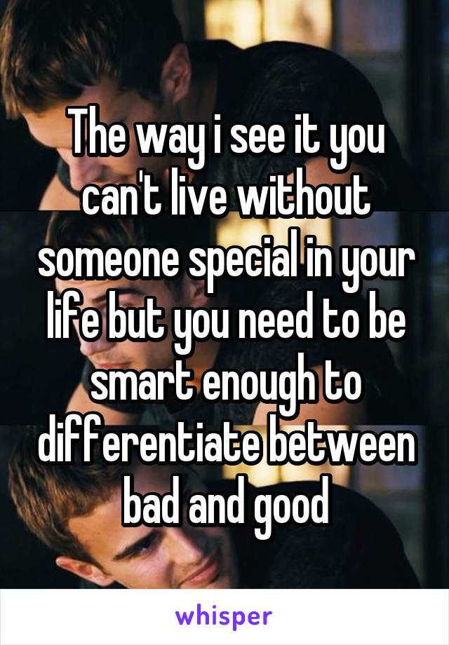 The way i see it you can't live without someone special in your life but you need to be smart enough to differentiate between bad and good