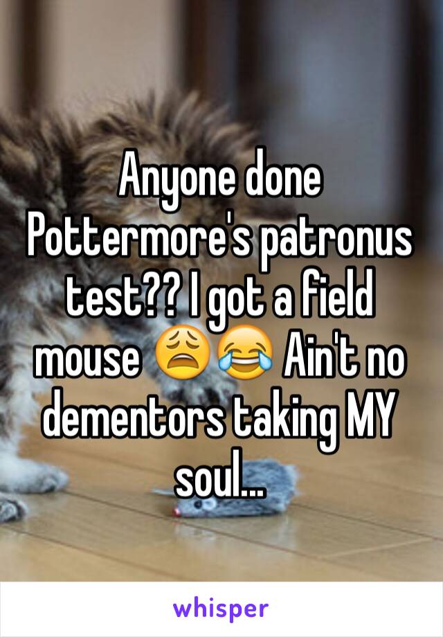 Anyone done Pottermore's patronus test?? I got a field mouse 😩😂 Ain't no dementors taking MY soul...