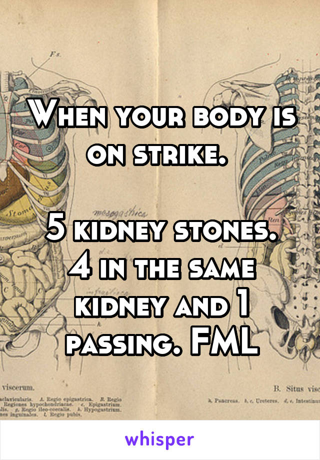 When your body is on strike. 

5 kidney stones. 4 in the same kidney and 1 passing. FML