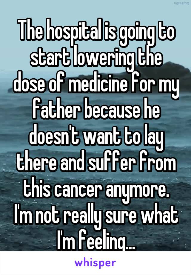 The hospital is going to start lowering the dose of medicine for my father because he doesn't want to lay there and suffer from this cancer anymore. I'm not really sure what I'm feeling...