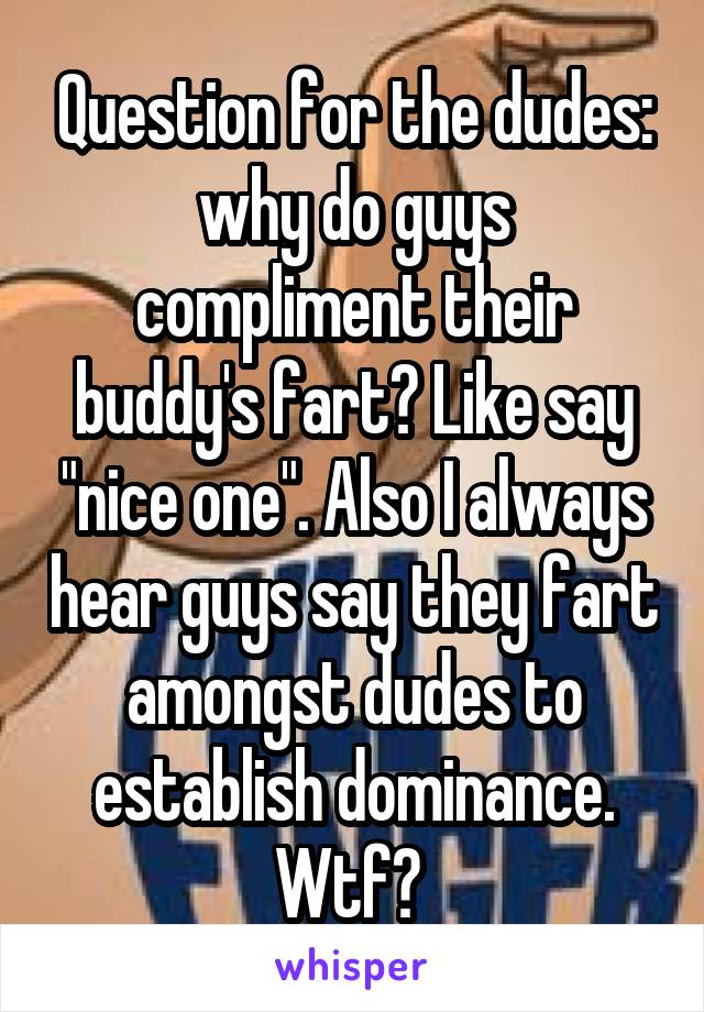Question for the dudes: why do guys compliment their buddy's fart? Like say "nice one". Also I always hear guys say they fart amongst dudes to establish dominance. Wtf? 